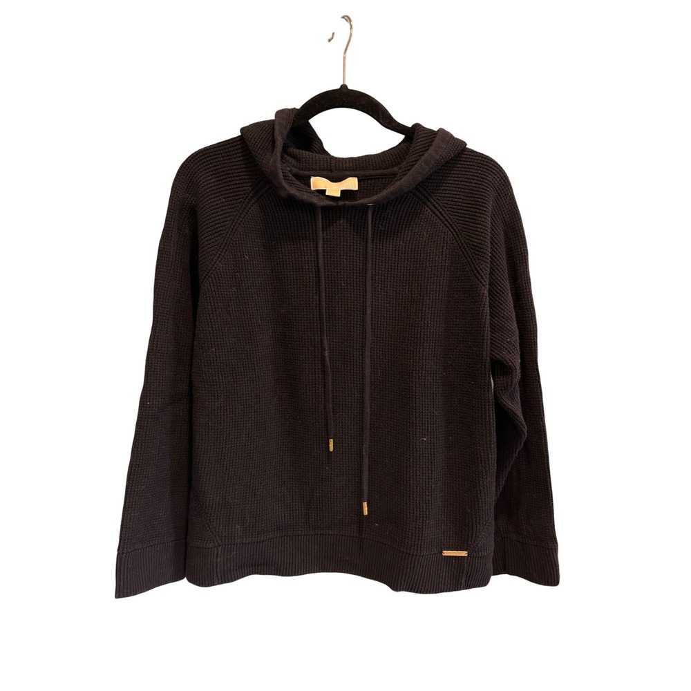 Michael Kors Women's Black Waffle Knit Hoodie Drawstring XL Pullover‎